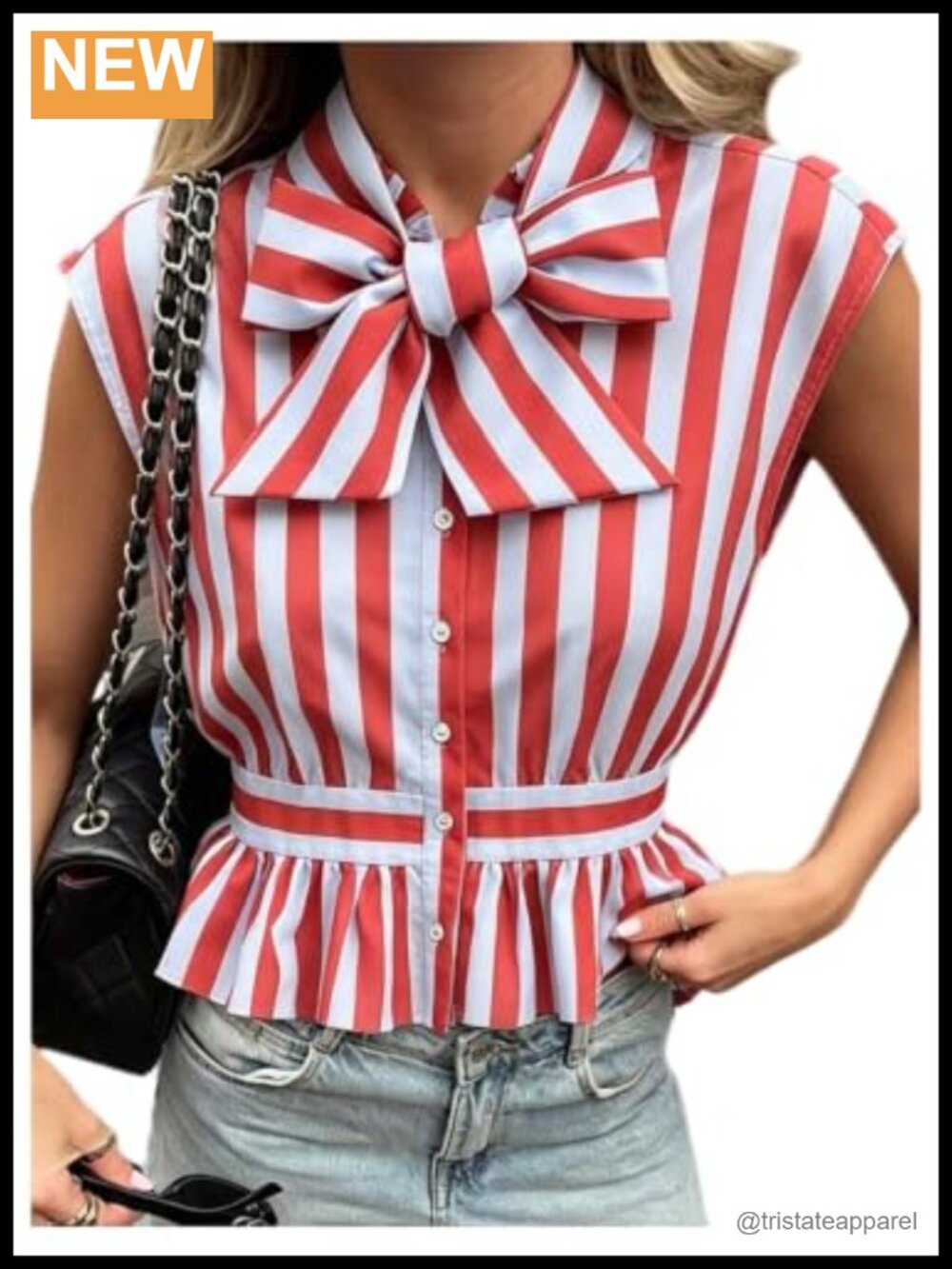 Women's Bow Tie Blouse with Peplum Ruffled Hem, Vertical Striped Office Top